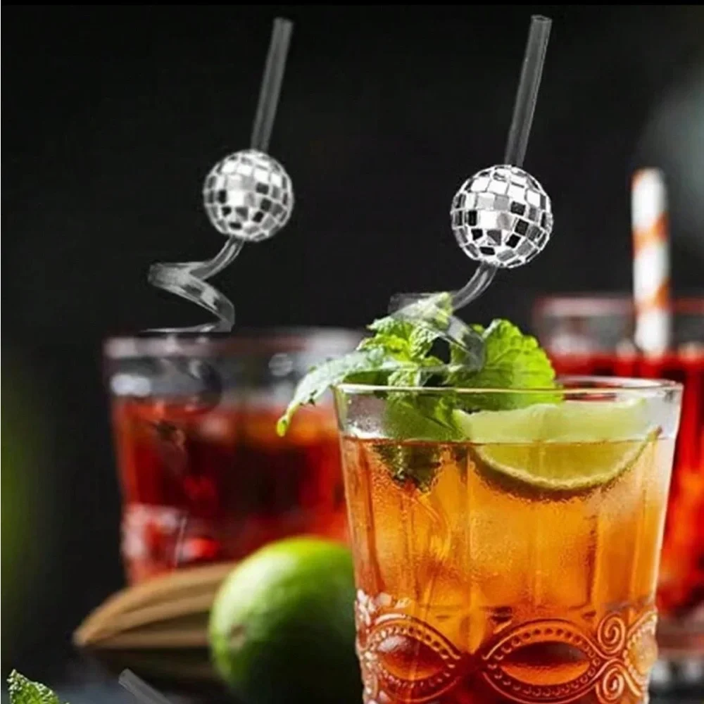 Silver Disco Ball Spiral Drinking Straws - Party Pack (set of 12)